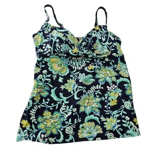 Lands End Swimsuit Tankini Top Womens Size 10 Blue Green Floral Padded Underwire